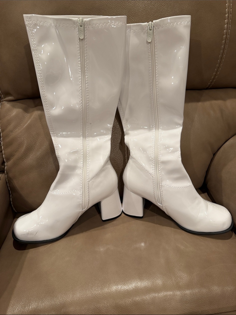 Ellie White Patent Mid-Calf Block Heel Boots